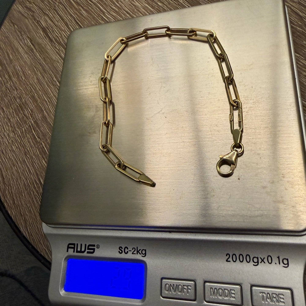 14 K Solid Gold Paper Clip Chain Link Bracelet - Picture 3 of 5